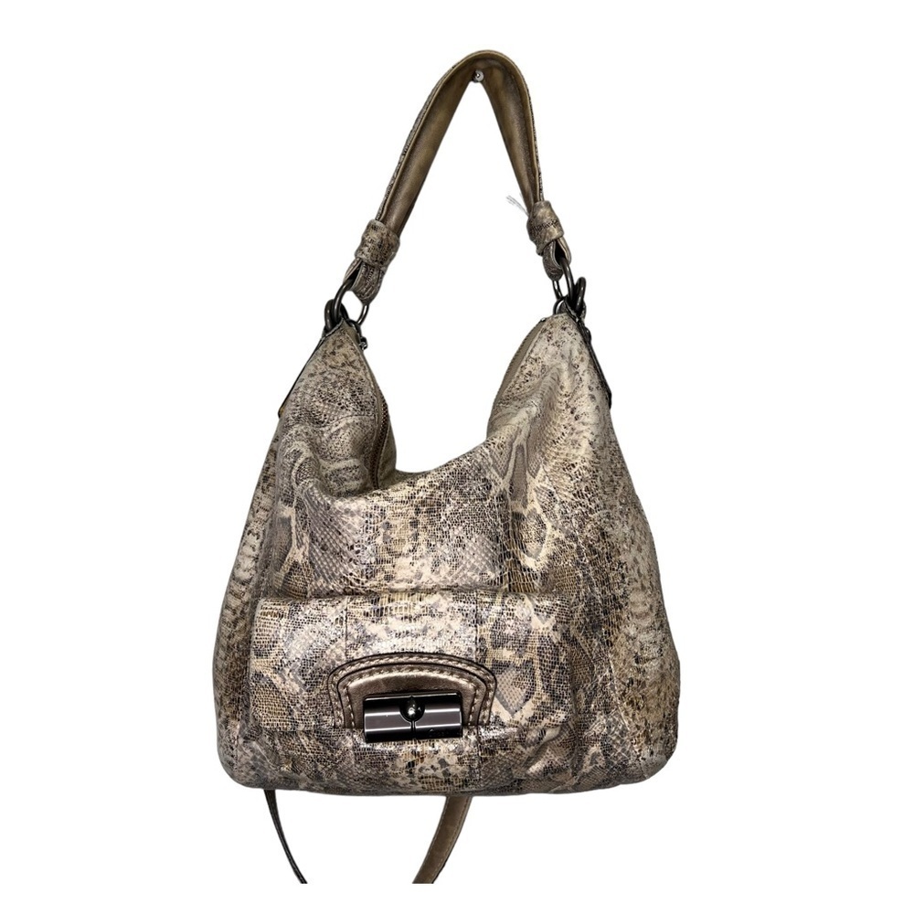 Coach Kristin Embossed Gray/Beige/Tan Leather Python Print Hobo Handbag Zip Top